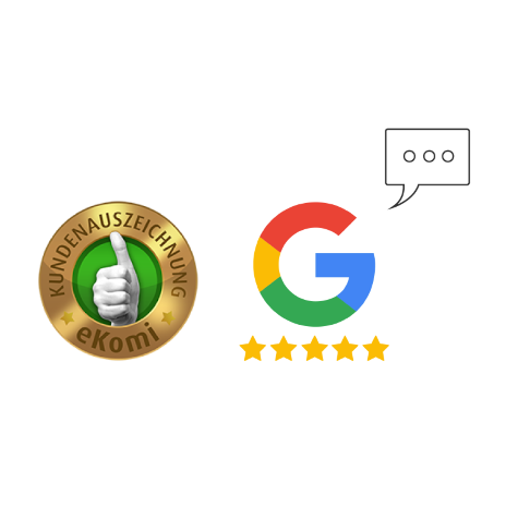 das goldene eKomi Siegel für zufriedene Kunden und das Google Symbol mit einer angedeuteten Sprechblase wird freigestellt angezeigt