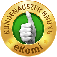 Das goldene Siegel von der Plattform eKomi für zufriedene Kundenbewertungen ist dargestellt. Ein goldener Ring mit einer Hand, die den Daumen nach oben hält